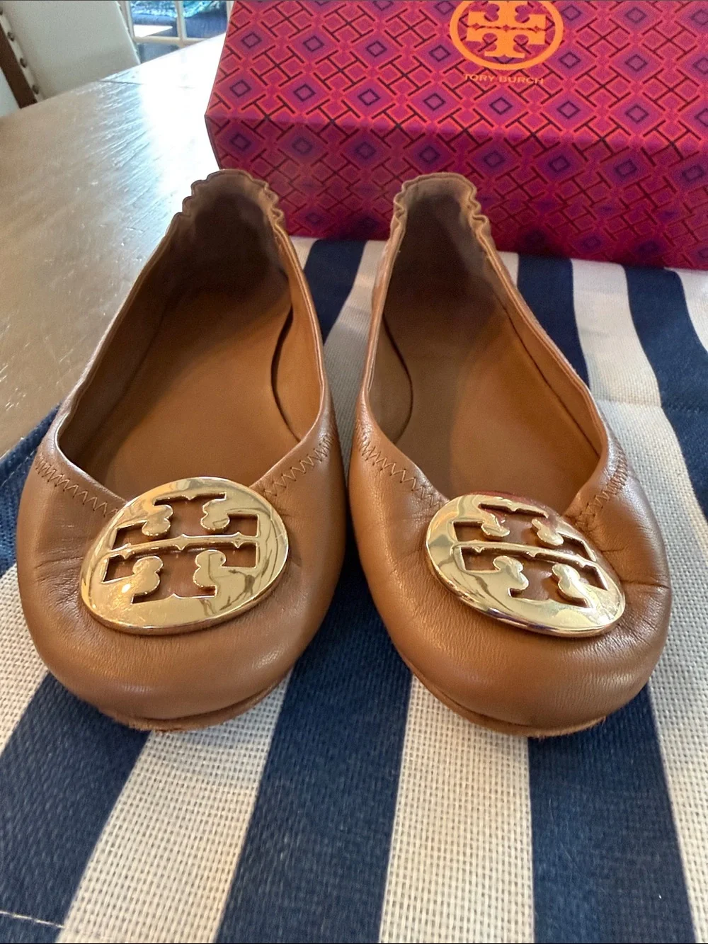 Tory Burch Royal Tan/Gold Leather Ballet Flats with Gold Logo Medallions